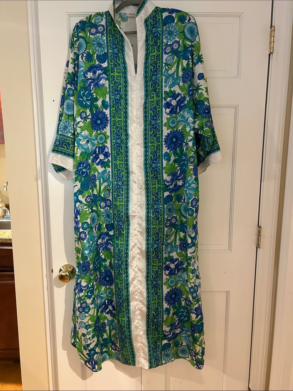 Floral Blue & Green Long Robe with White Trim